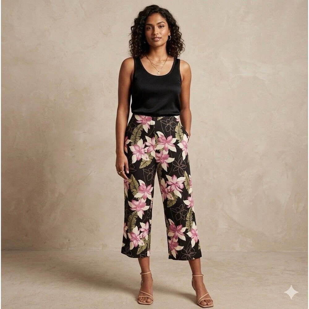 Tommy Bahama Silk Linen Capri Pants Black Pink Floral Tropical Hawaiian Size 10
